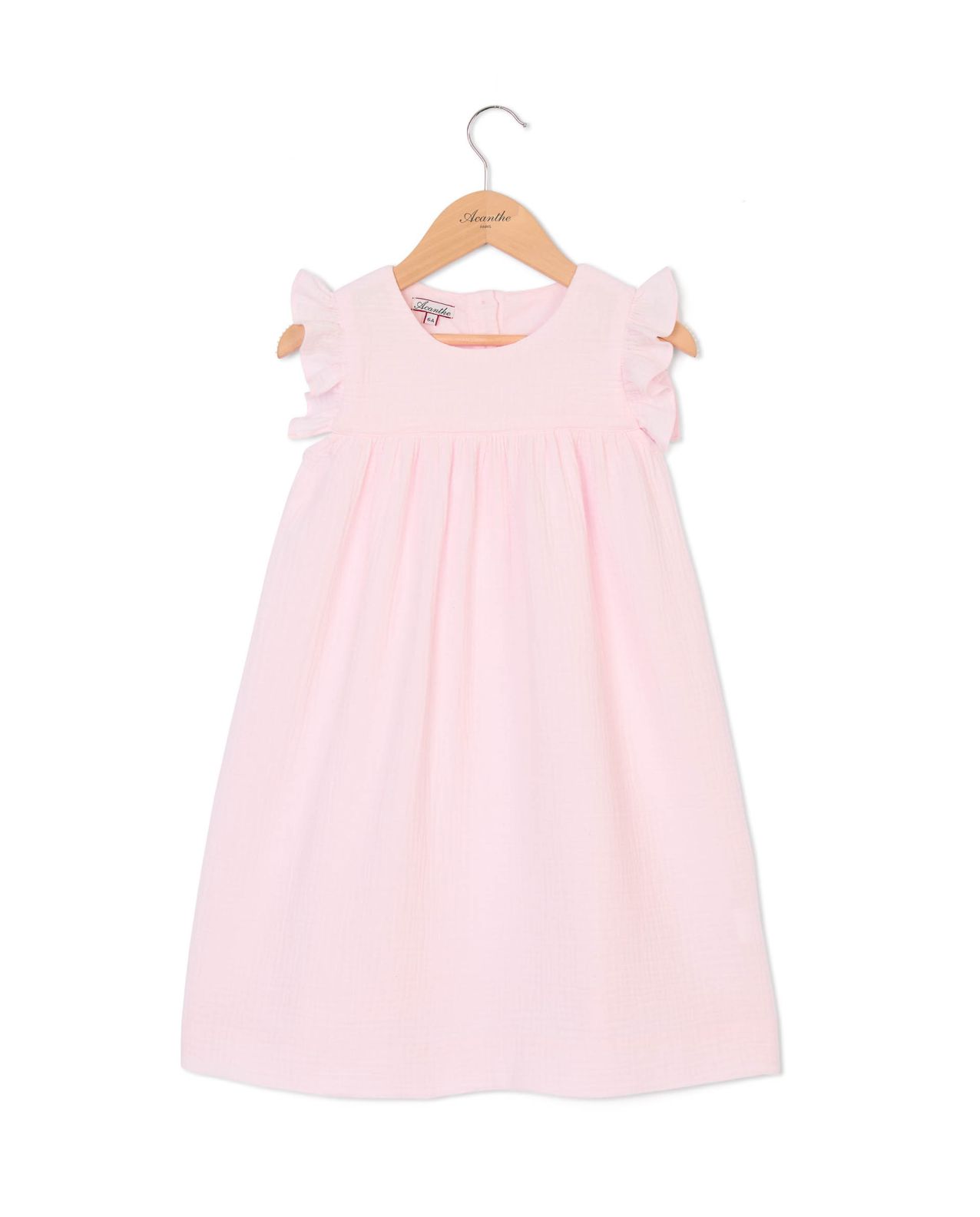 Robe volant épaule gaze de coton rose pâle 