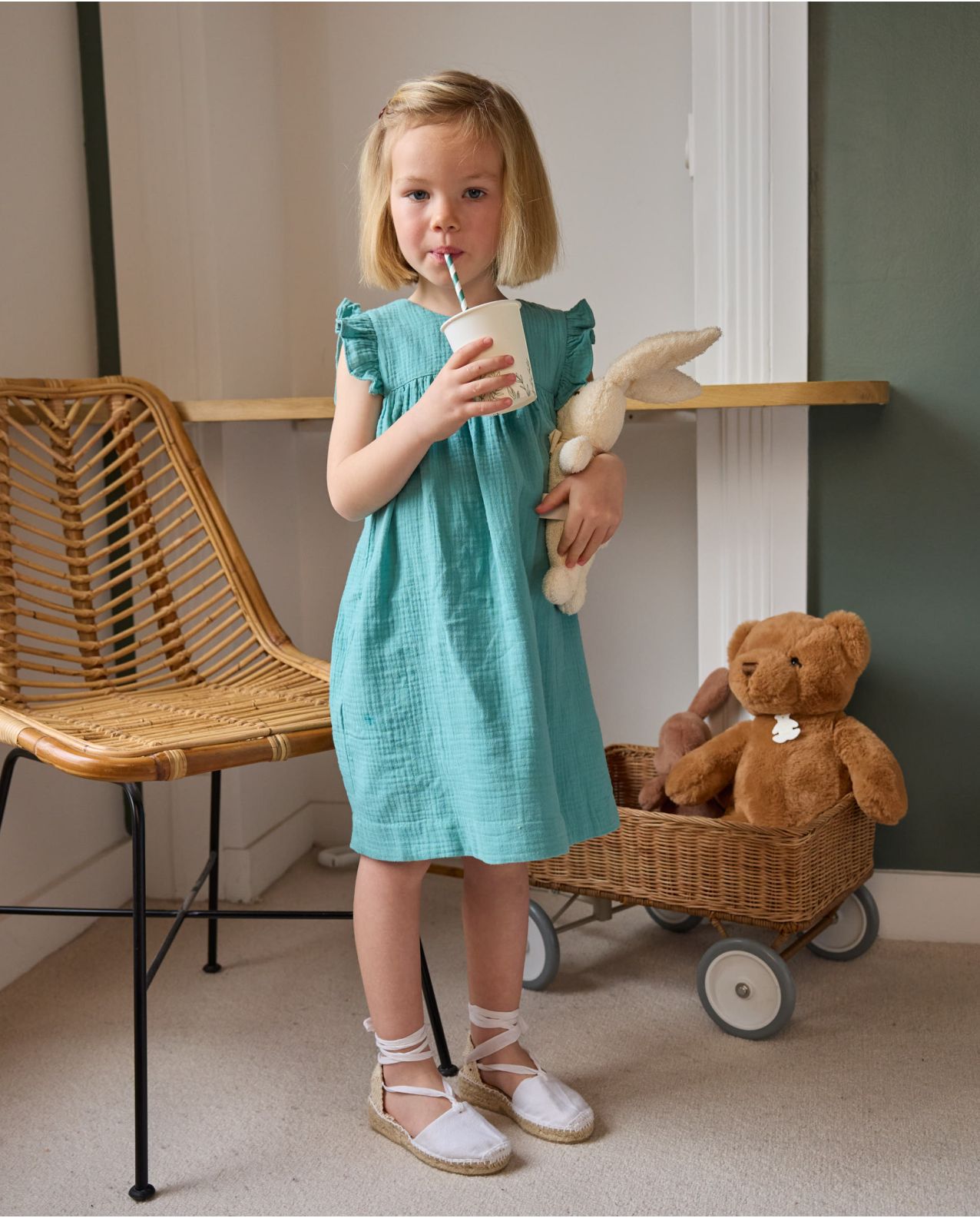 Robe volant épaule gaze de coton aqua