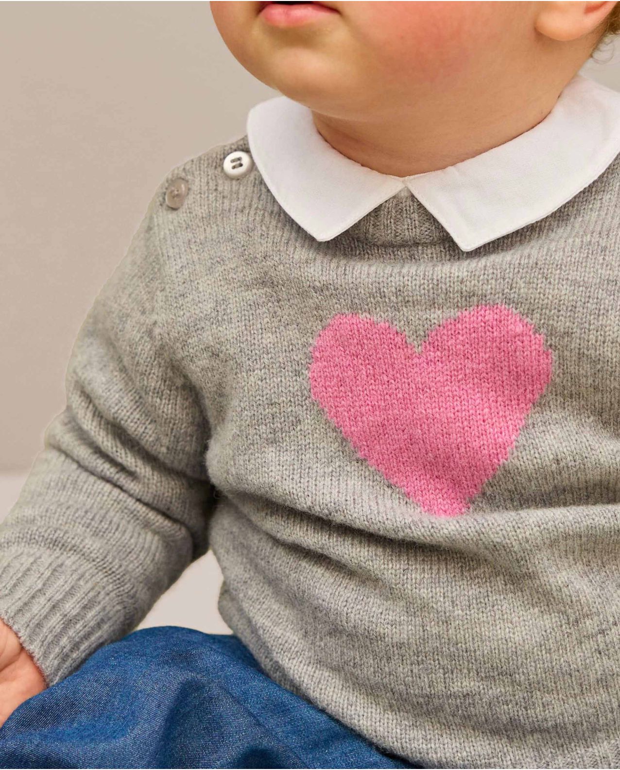 Pull col rond jacquard coeur gris 100% lambswool