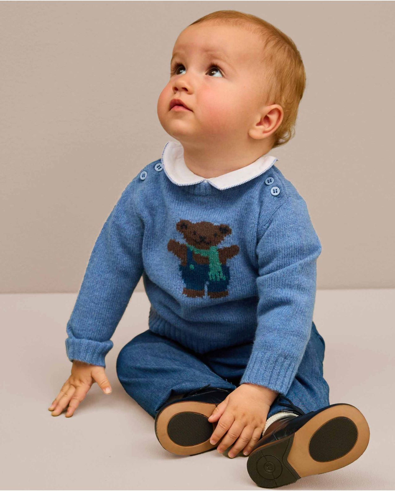 Pull col rond jacquard ourson bleu 100% lambswool