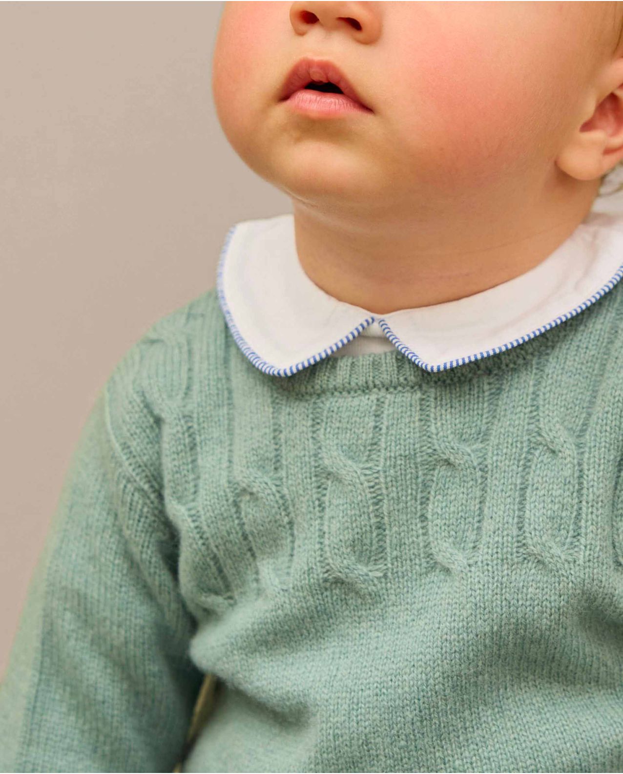 Pull col rond torsade vert d'eau 100% lambswool