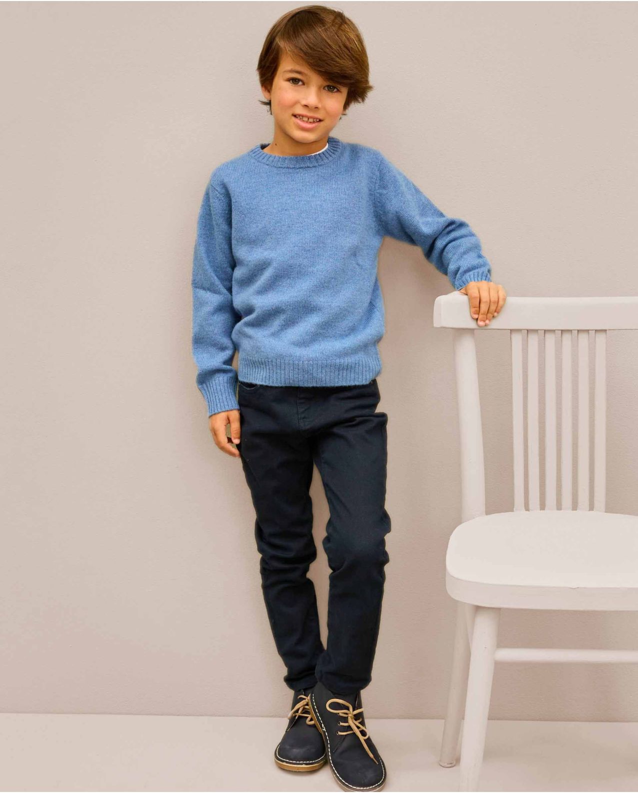 Pull col rond bleu 100% lambswool