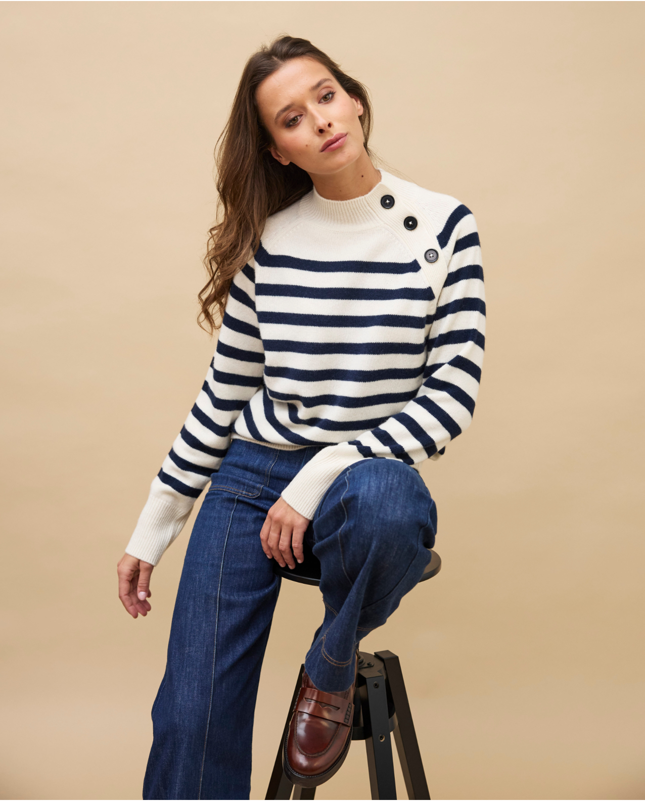 Pull marin écru/marine 100% cachemire