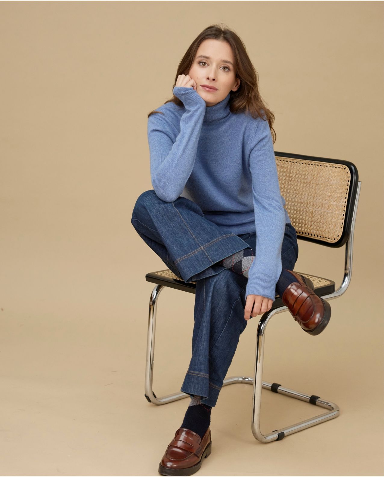 Pull col roulé bleu chiné 100% cachemire