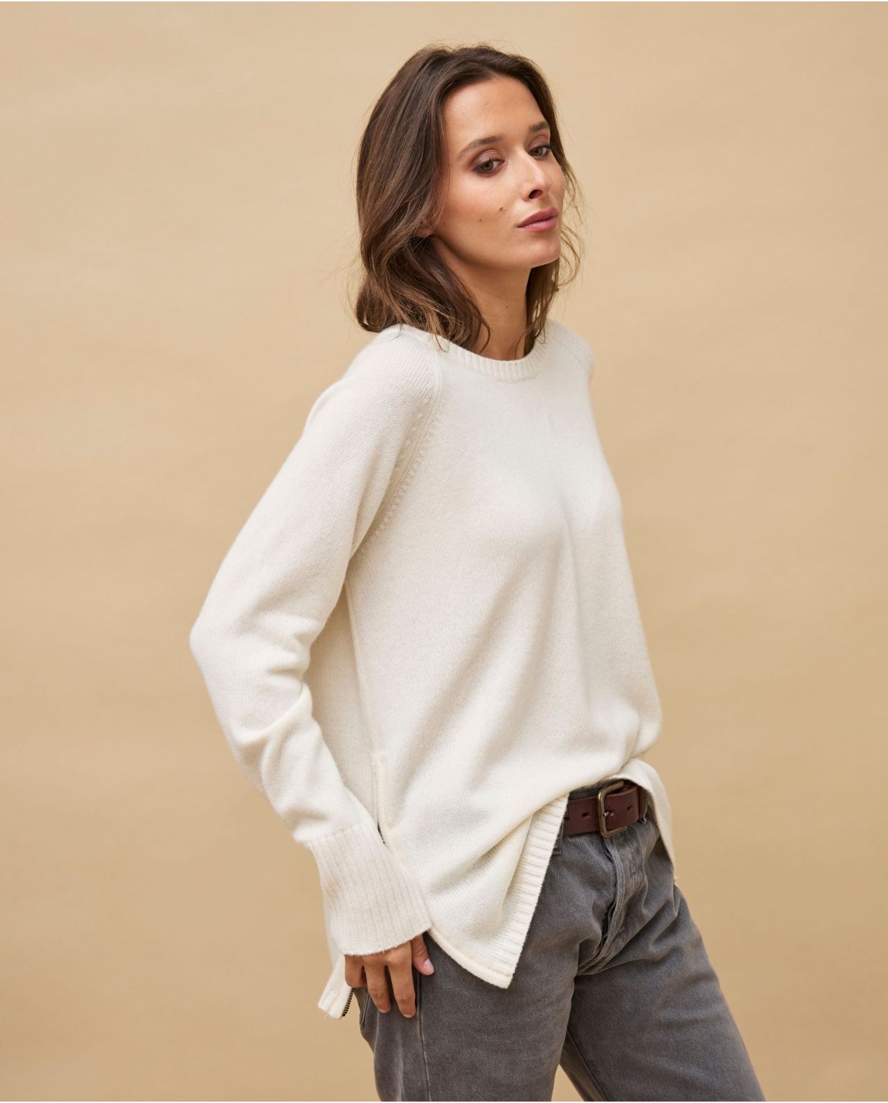 Pull zips côtés écru 100% cachemire