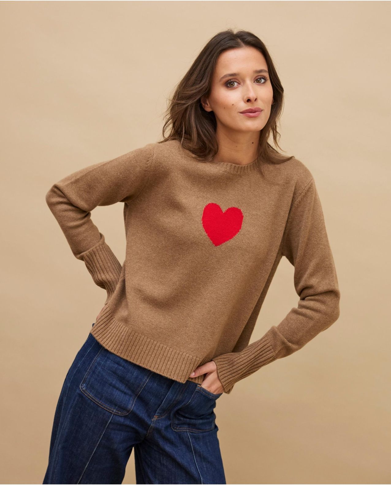 Pull col rond jacquard coeur camel 100% cachemire