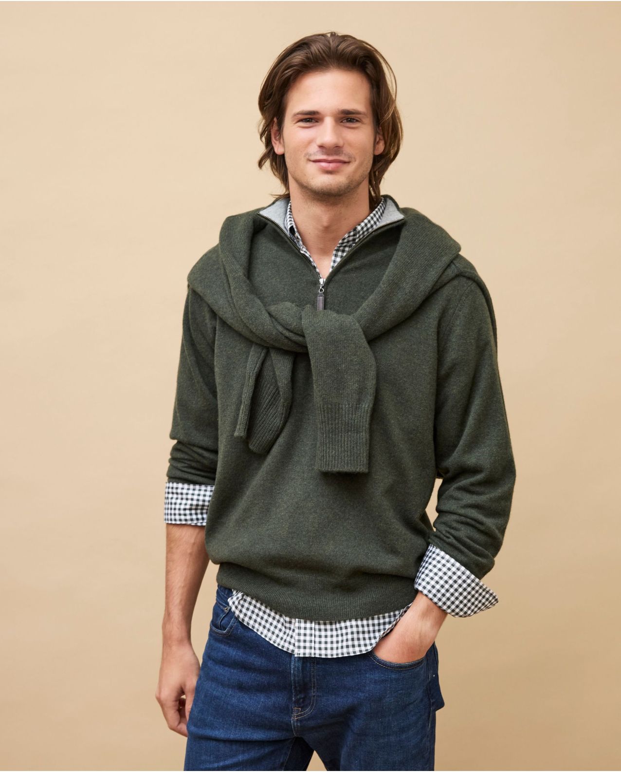 Pull col zippé kaki 100% cachemire