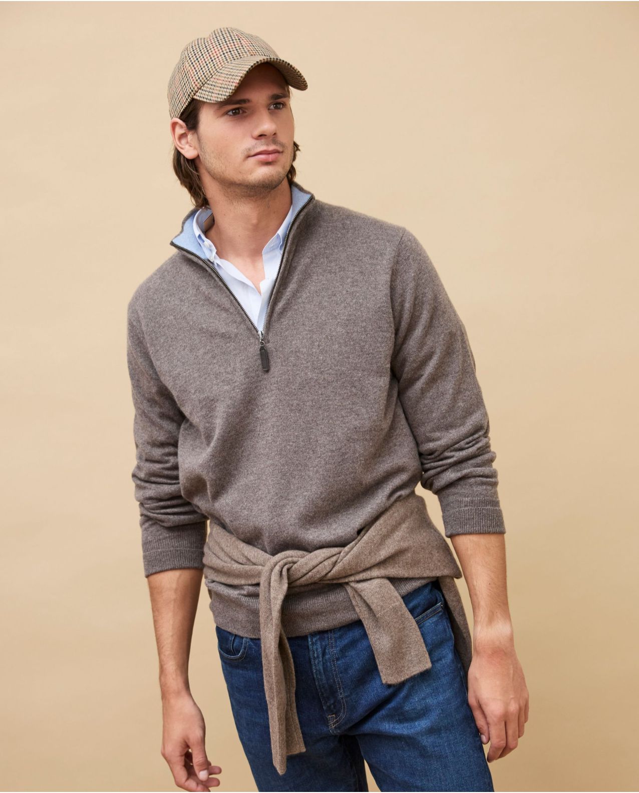 Pull col zippé taupe 100% cachemire