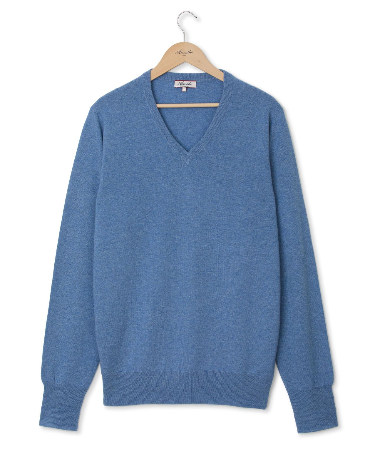 Pull col V bleu chiné 100% cachemire