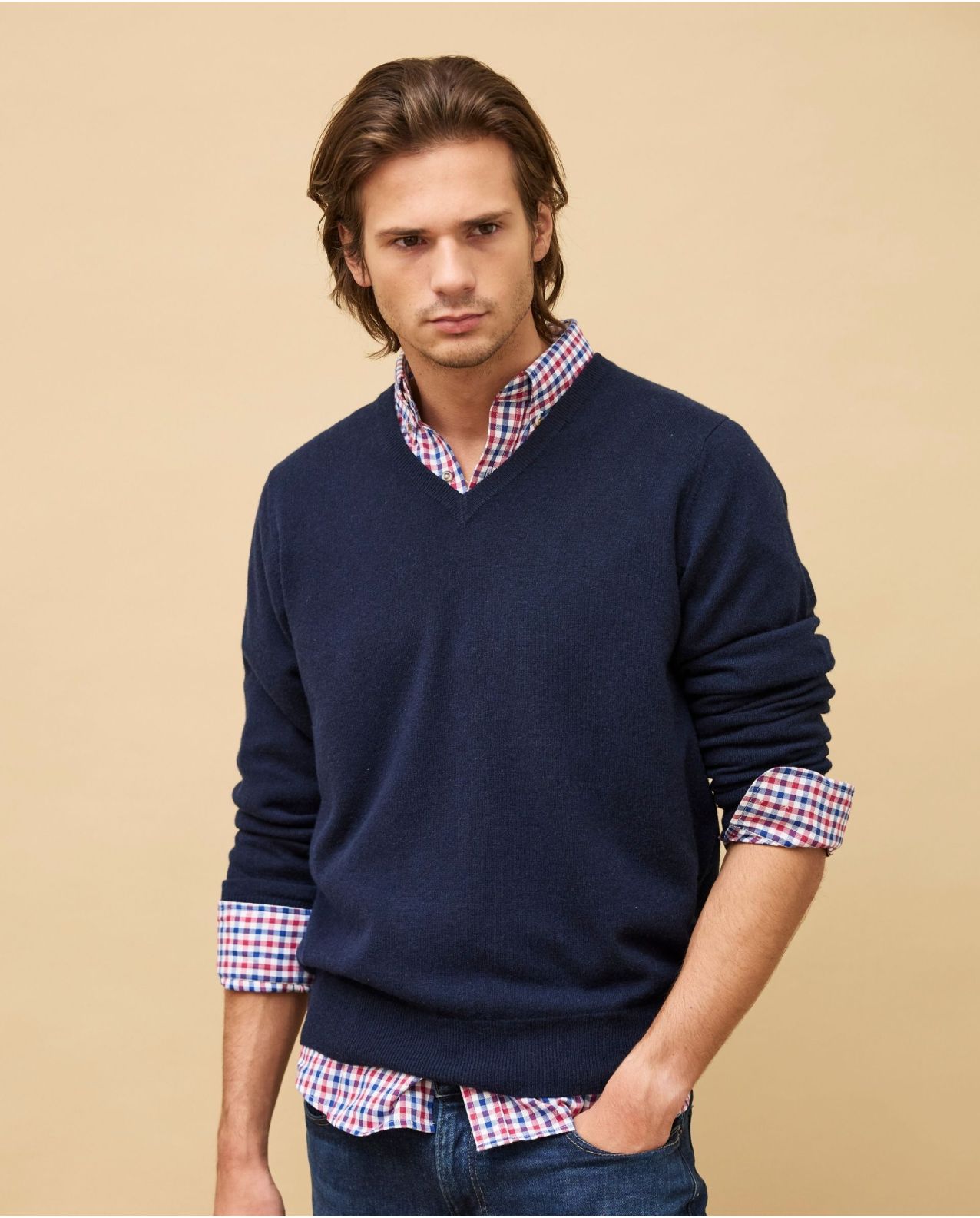 Pull col V marine 100% cachemire