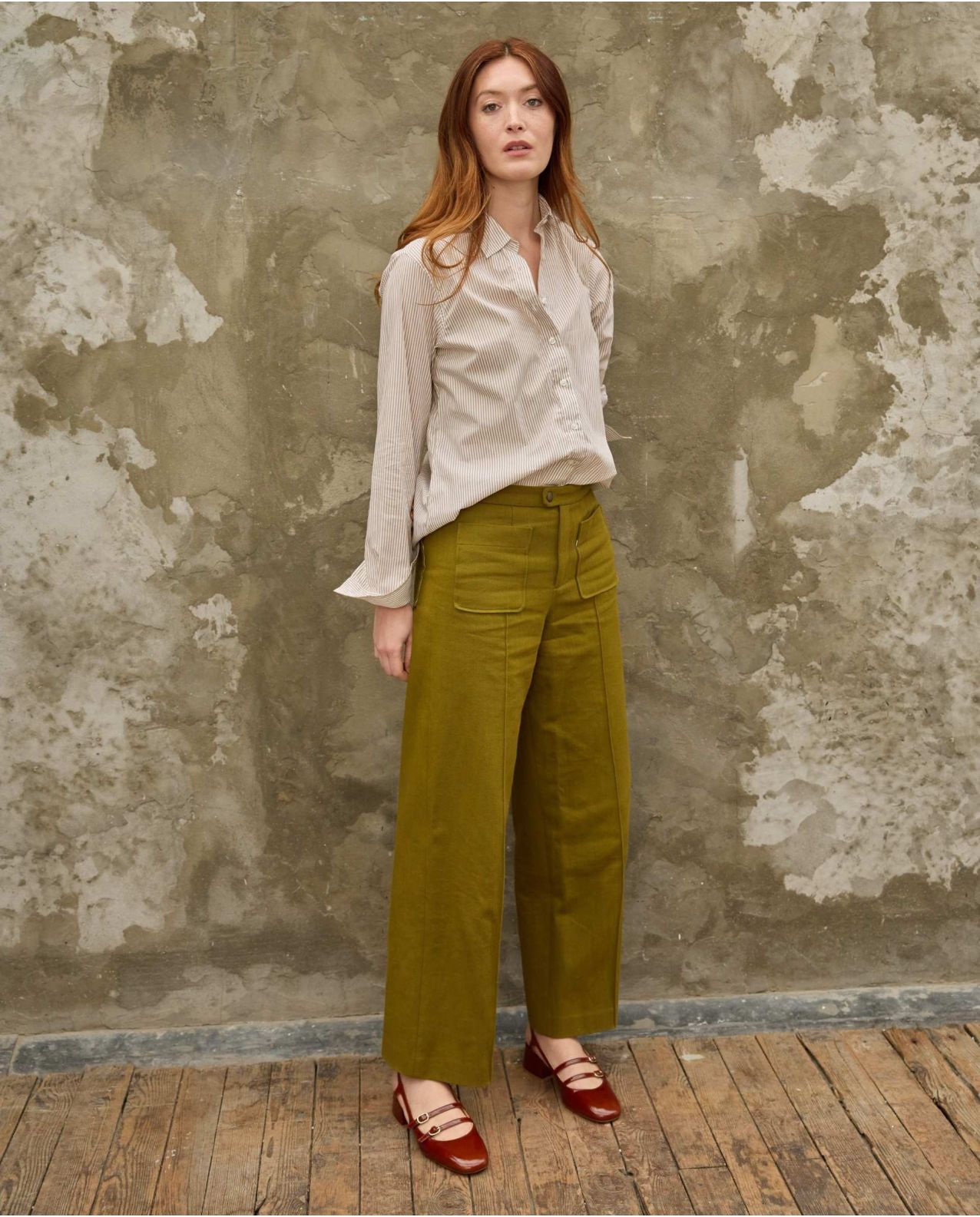 Chemisier classique pli rond rayure beige