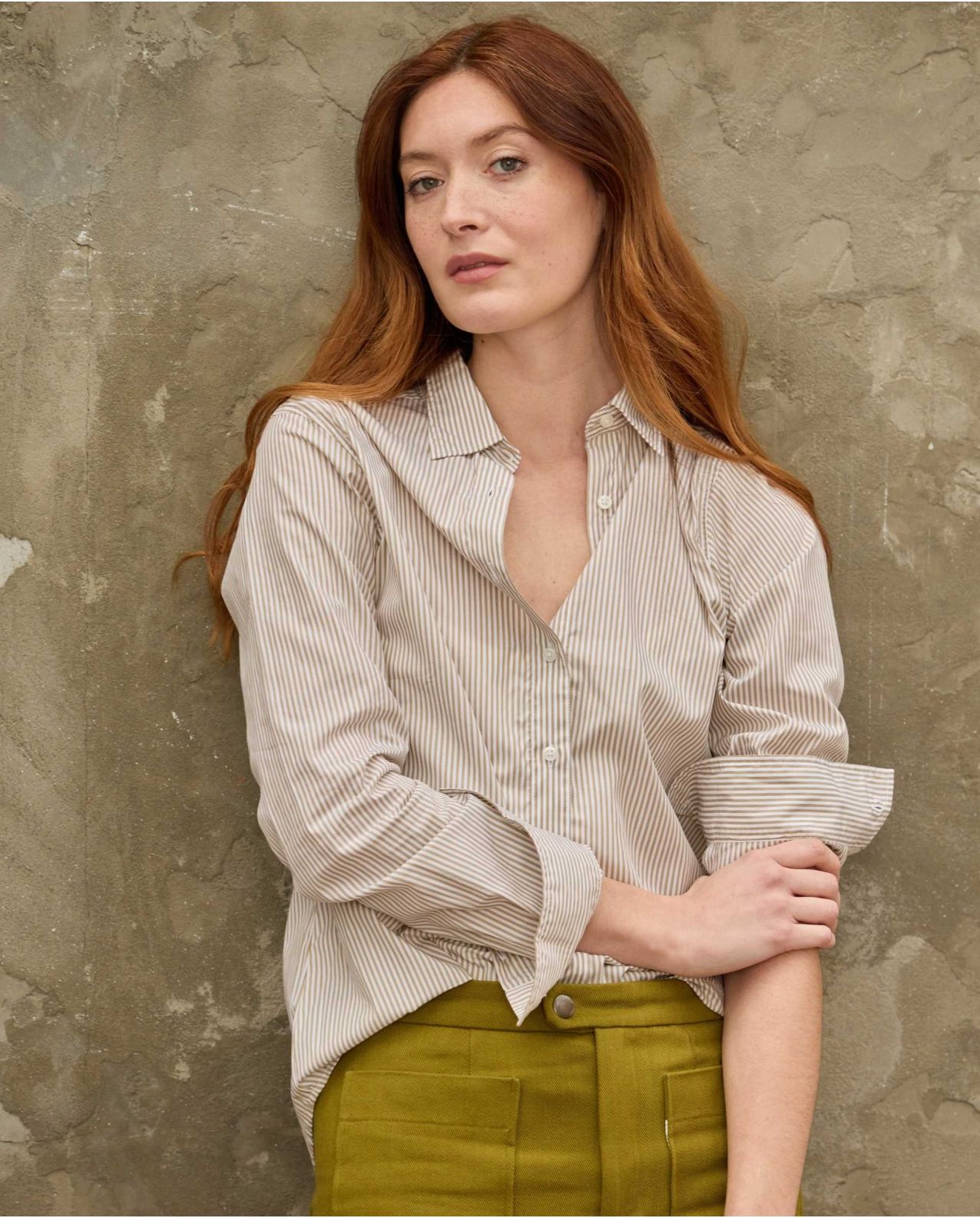 Chemisier classique pli rond rayure beige