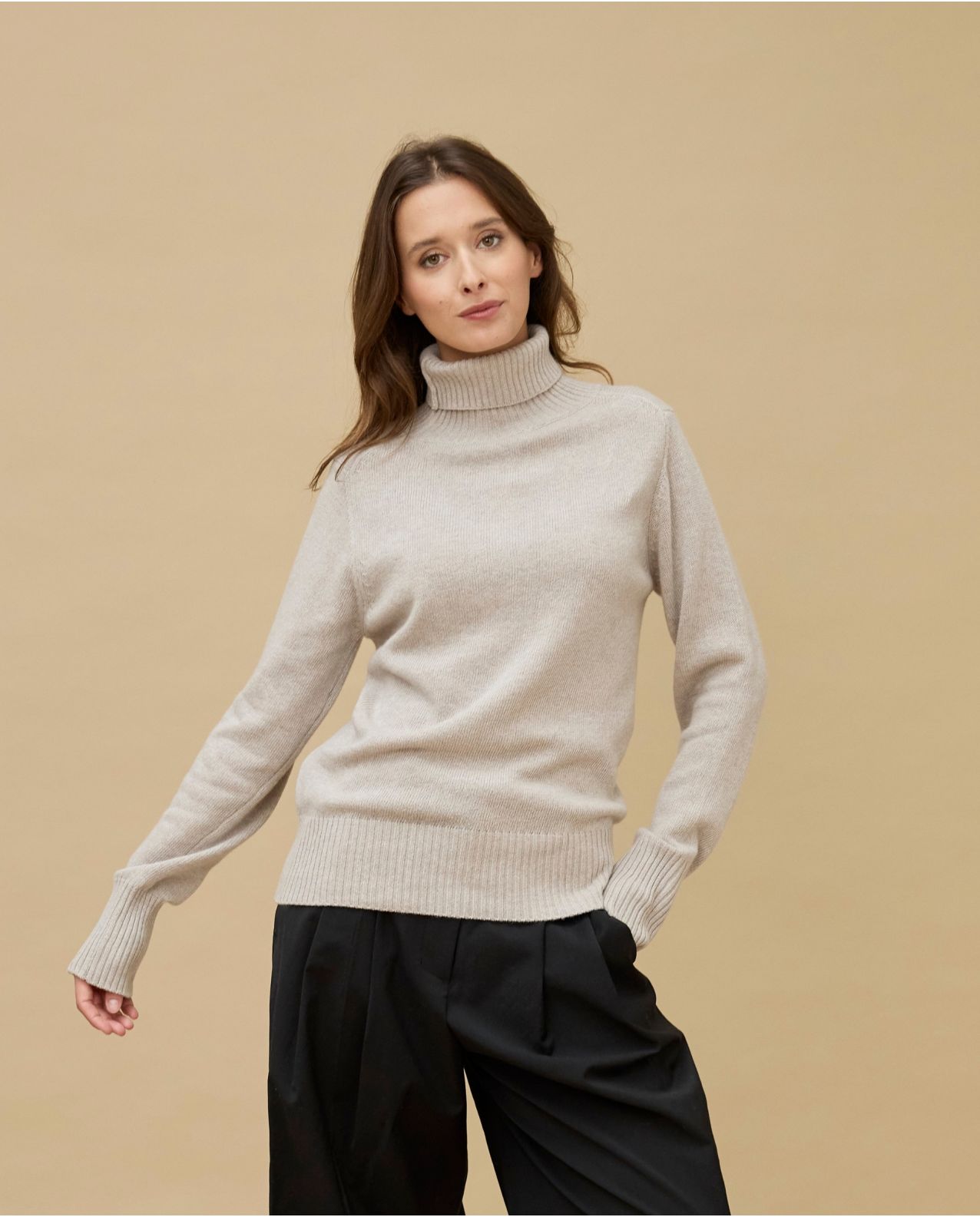 Pull col roulé laine-cachemire beige