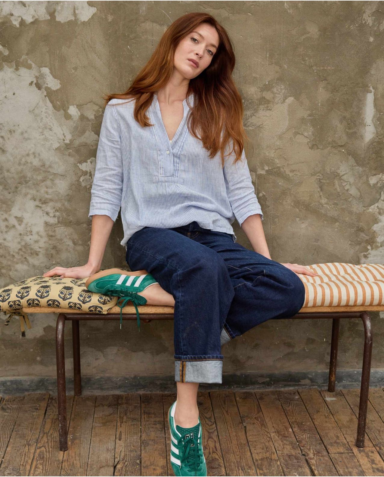 Blouse encolure V croisée lin rayure ciel