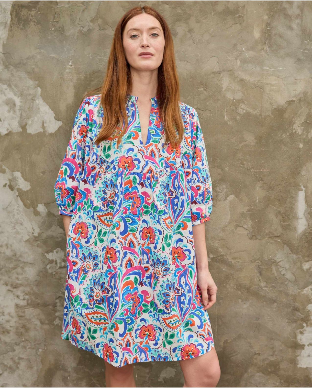 Robe ample manches bouffantes imprimé multicolore