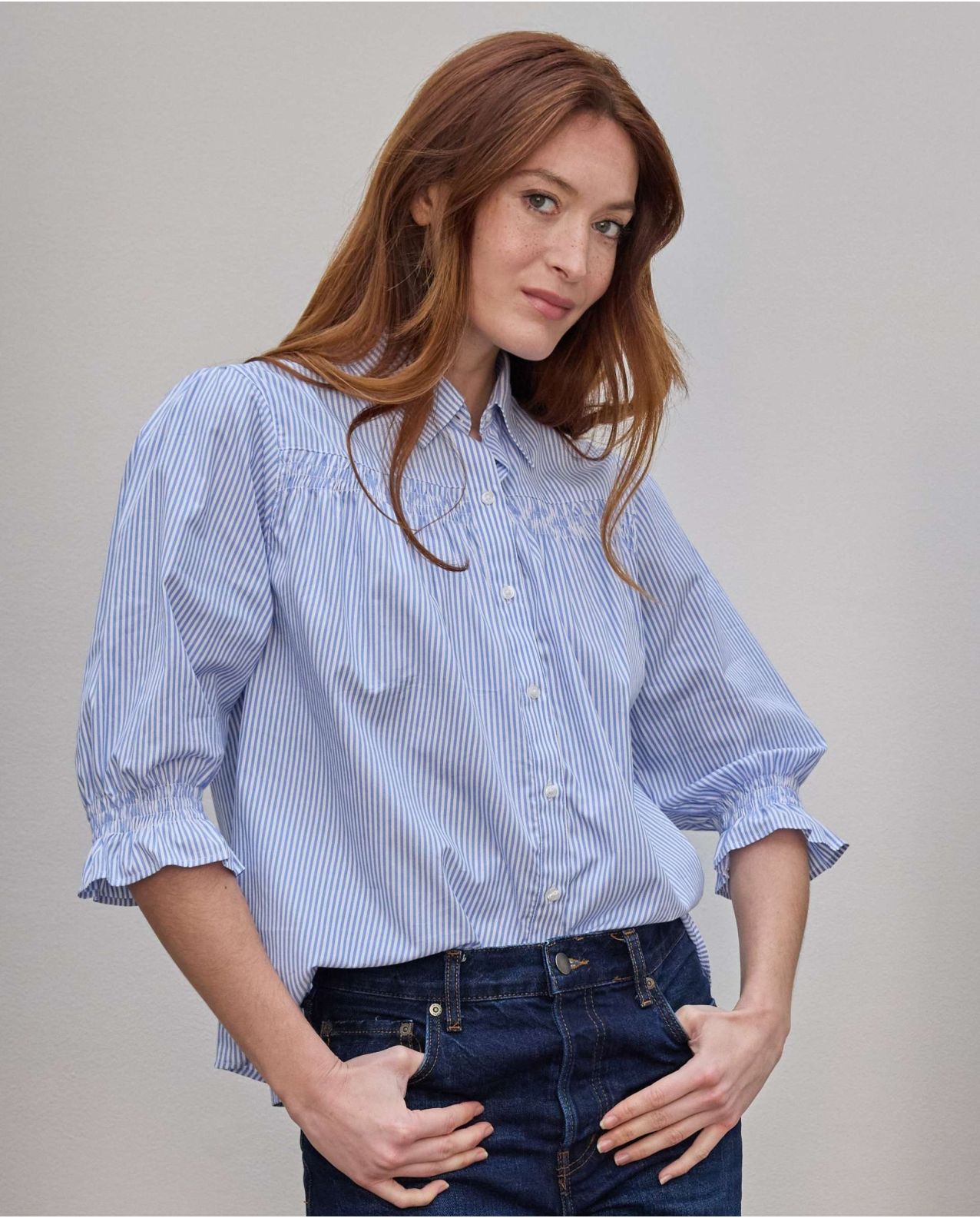 Blouse manches ballon et smocks rayure ciel