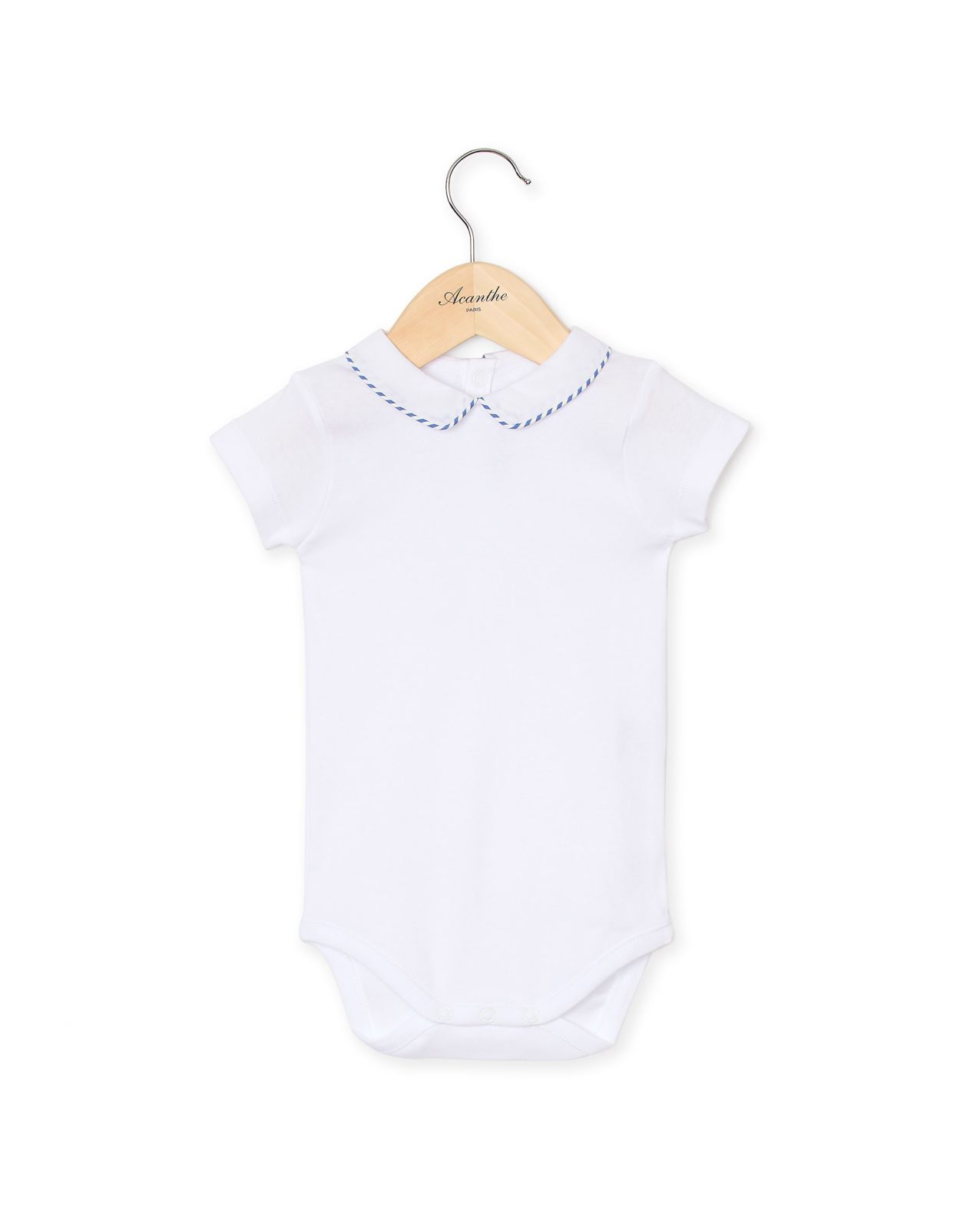 Body blanc col carré blanc passepoilé rayé bleu