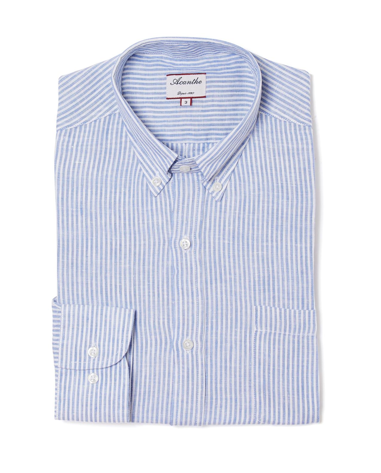 Chemise col boutonné lin rayé bleu