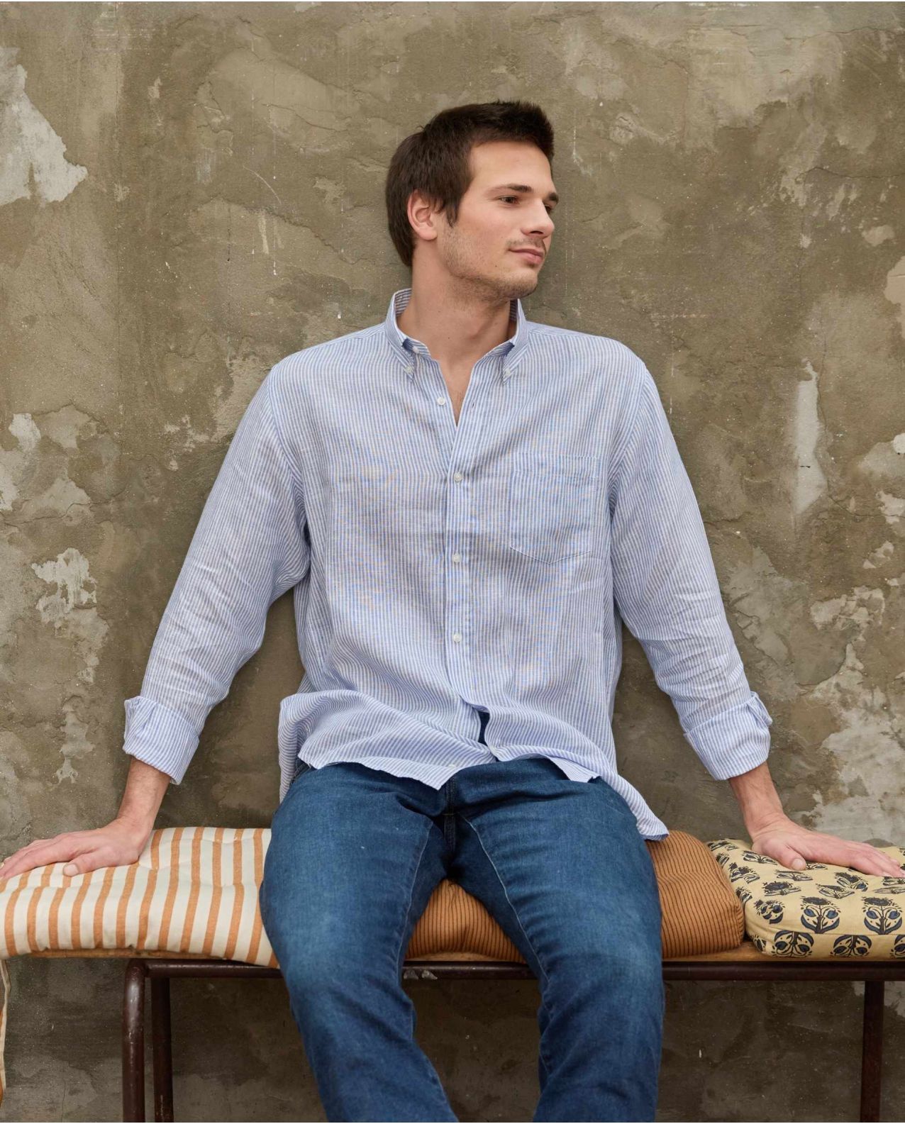 Chemise col boutonné lin rayé bleu