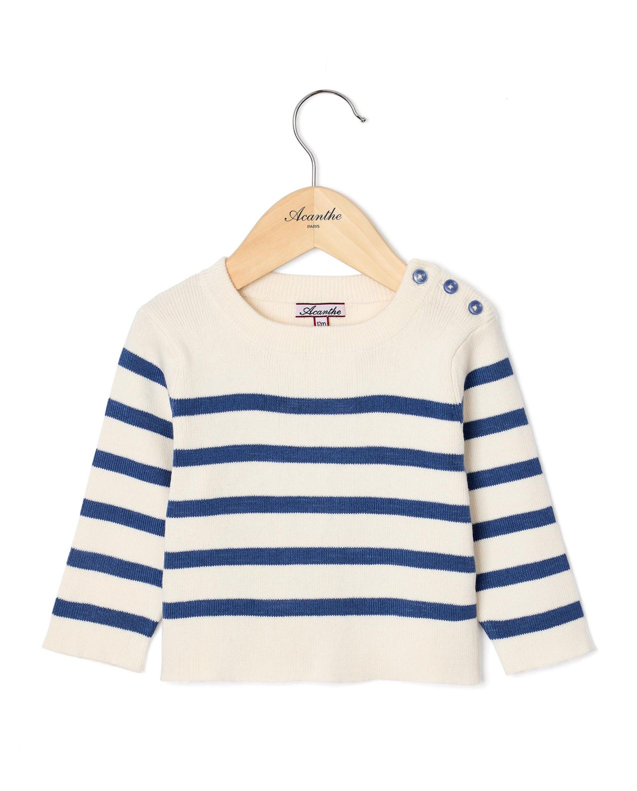 Pull col rond rayé coton écru/marine