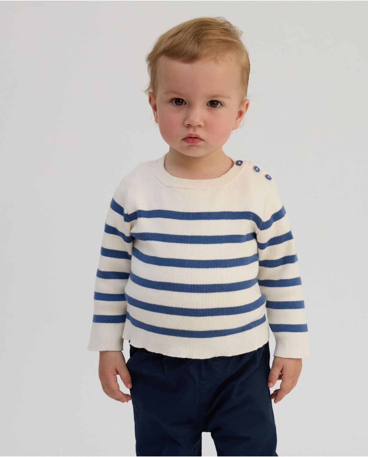 Pull col rond rayé coton écru/marine