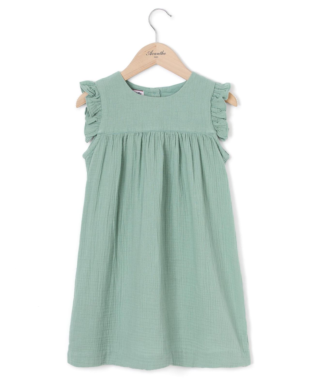 Robe volant épaule gaze de coton vert
