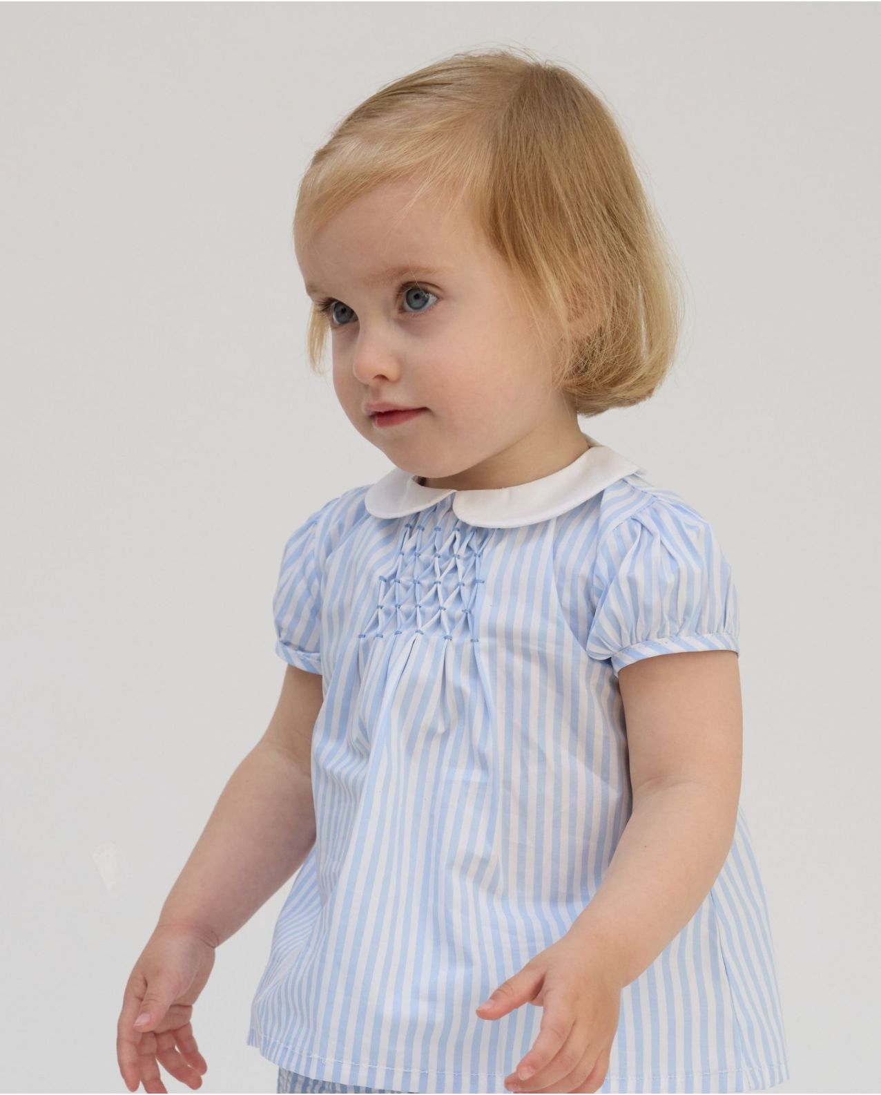 Blouse smockée manches ballon rayure ciel 