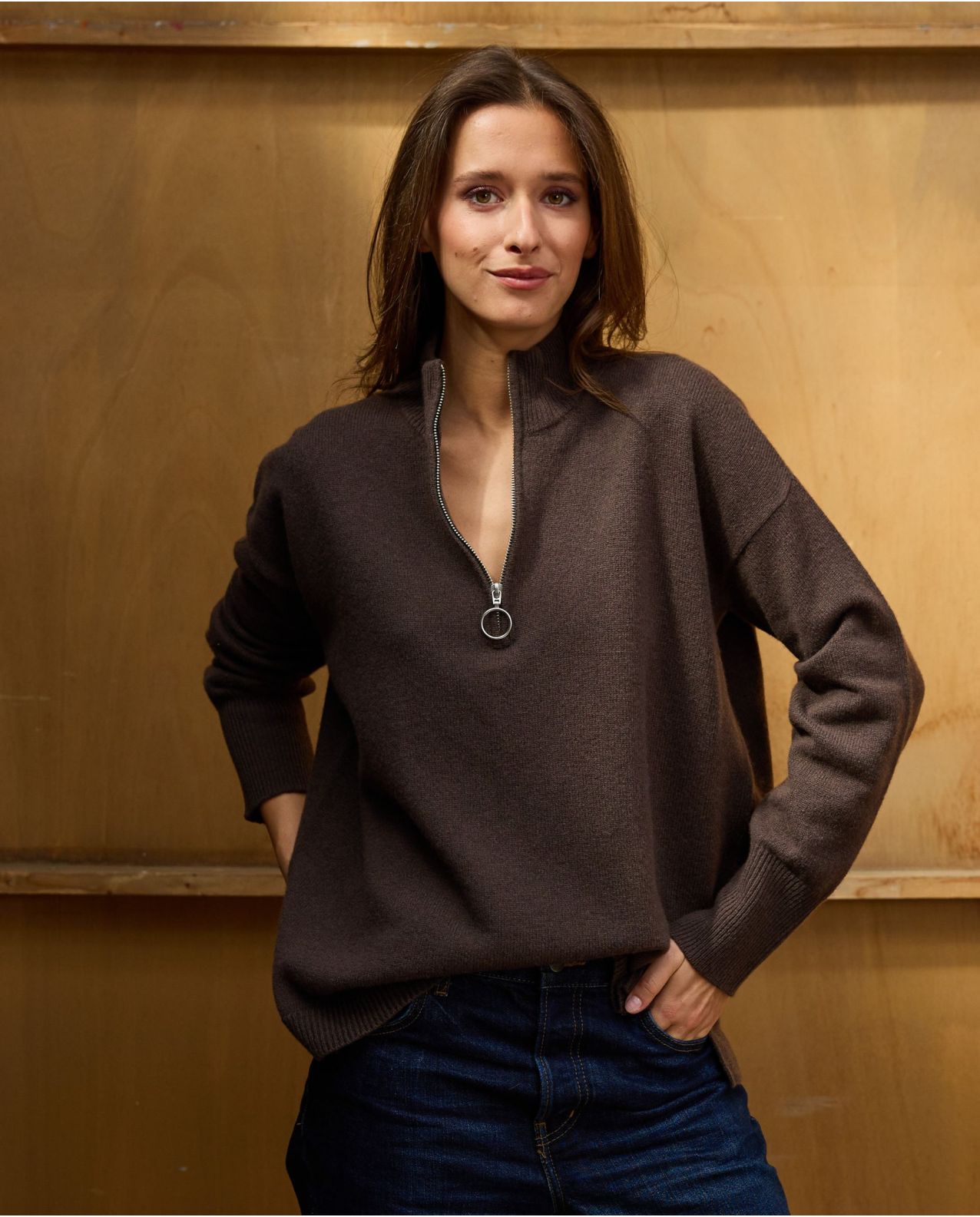 Pull col zippé loose marron 100% lambswool