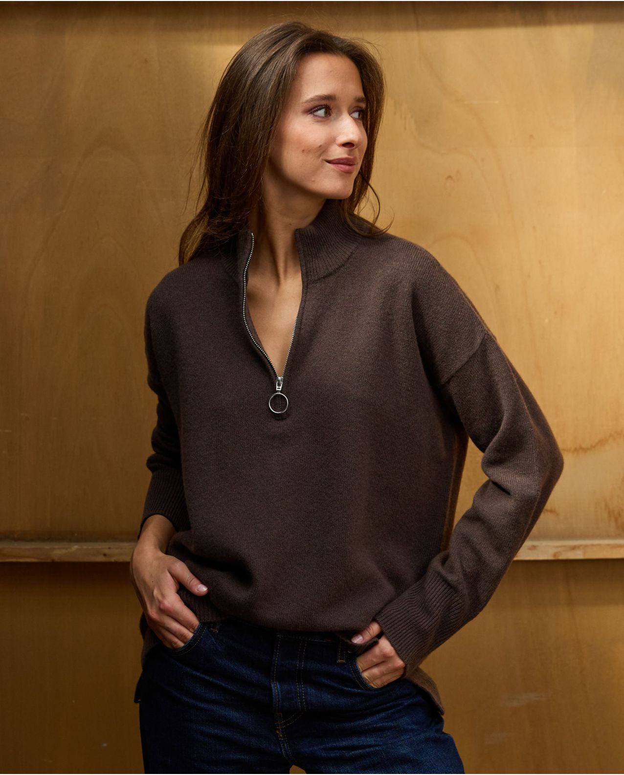 Pull col zippé loose marron 100% lambswool