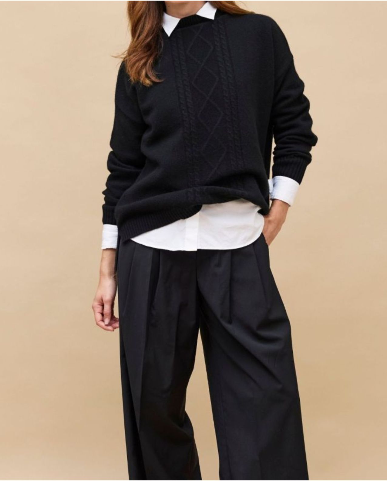 Pull col montant torsade noir 100% cachemire