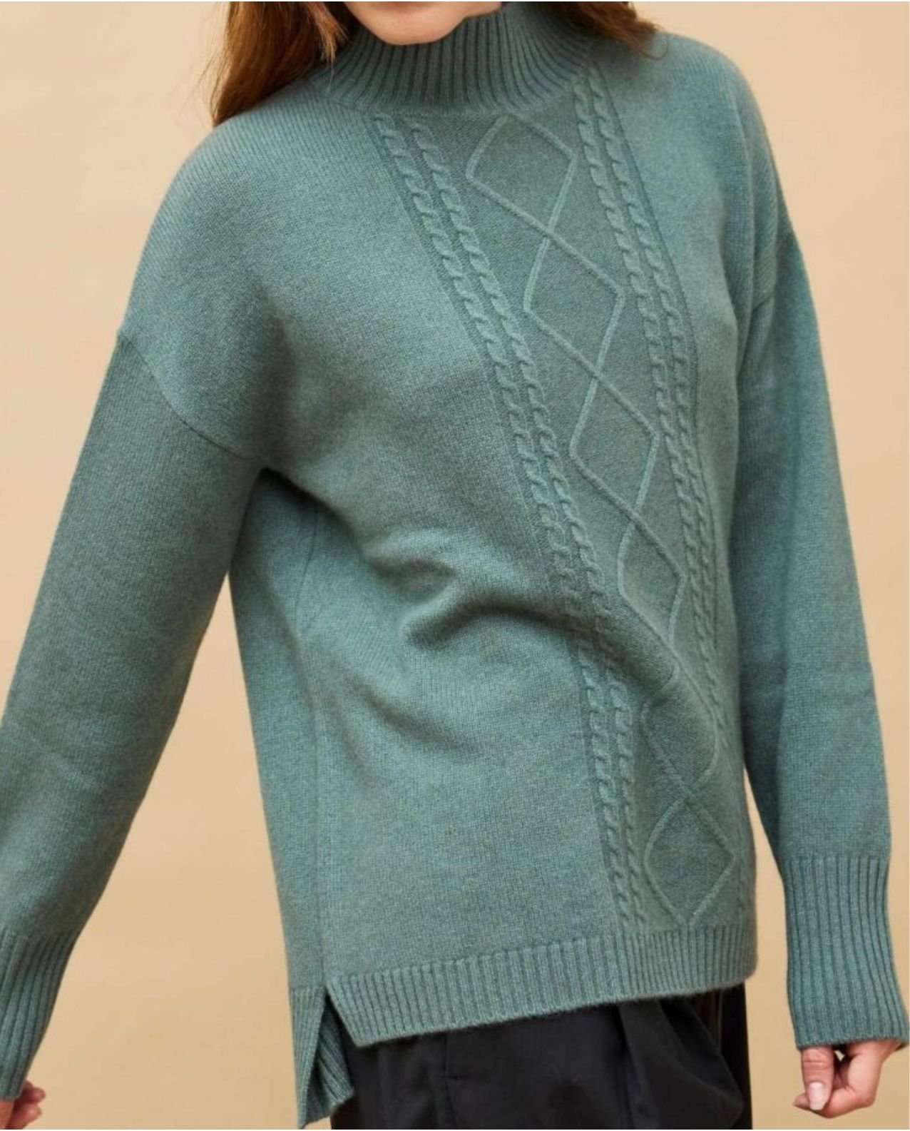 Pull col montant torsade vert mousse 100% cachemire