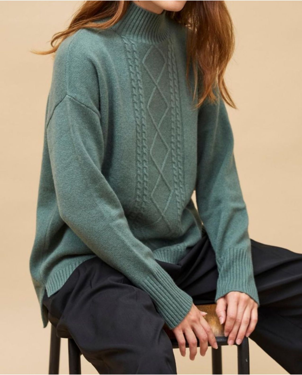 Pull col montant torsade vert mousse 100% cachemire