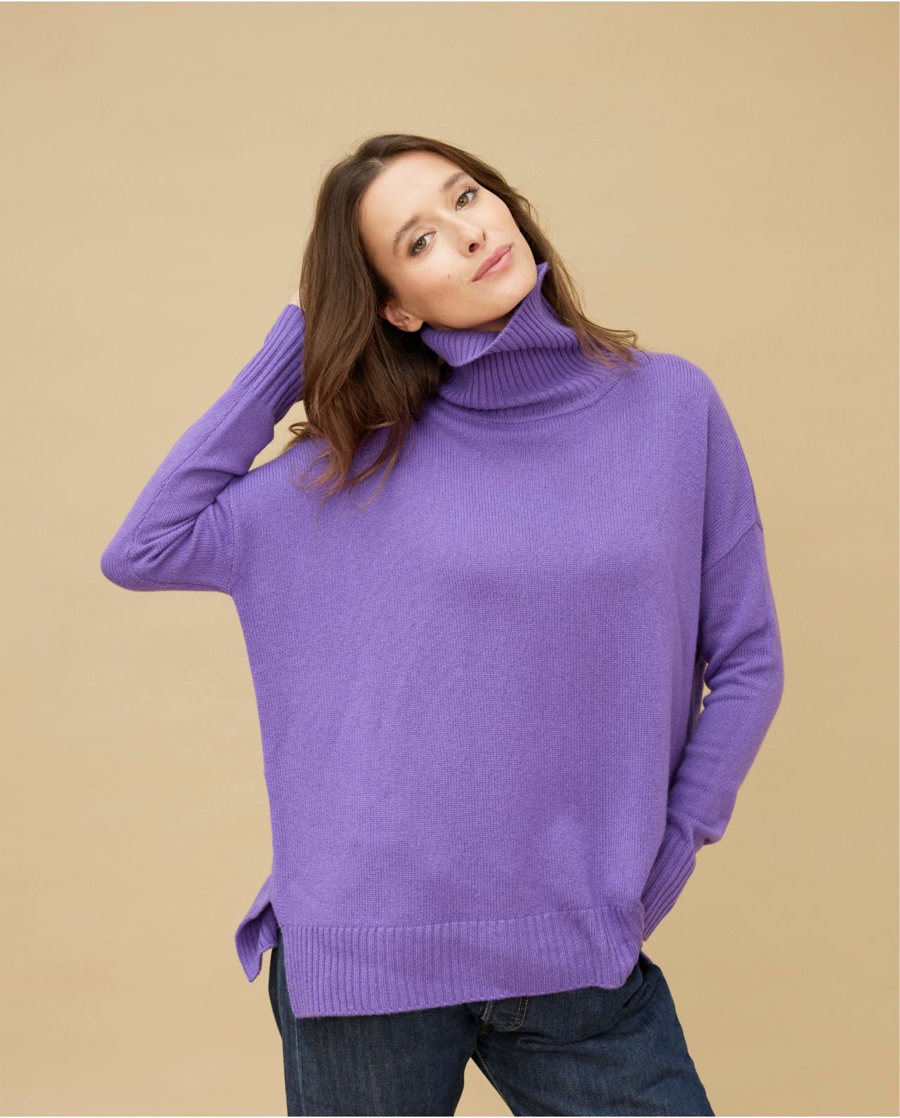 Pull col roulé ample violet 100% cachemire