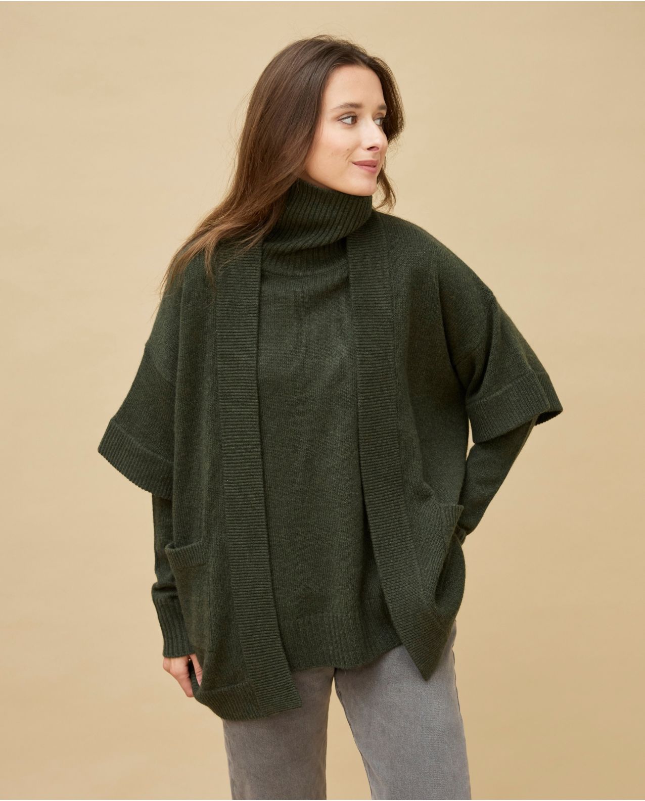 Veste kimono kaki 100% cachemire