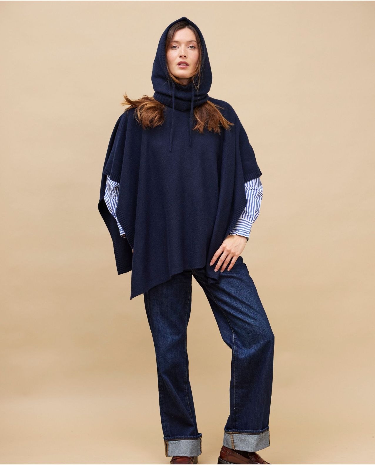 Poncho col rond marine 100% cachemire