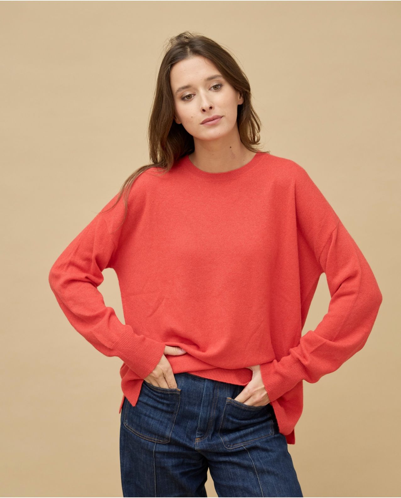 Pull col rond loose orange 100% cachemire
