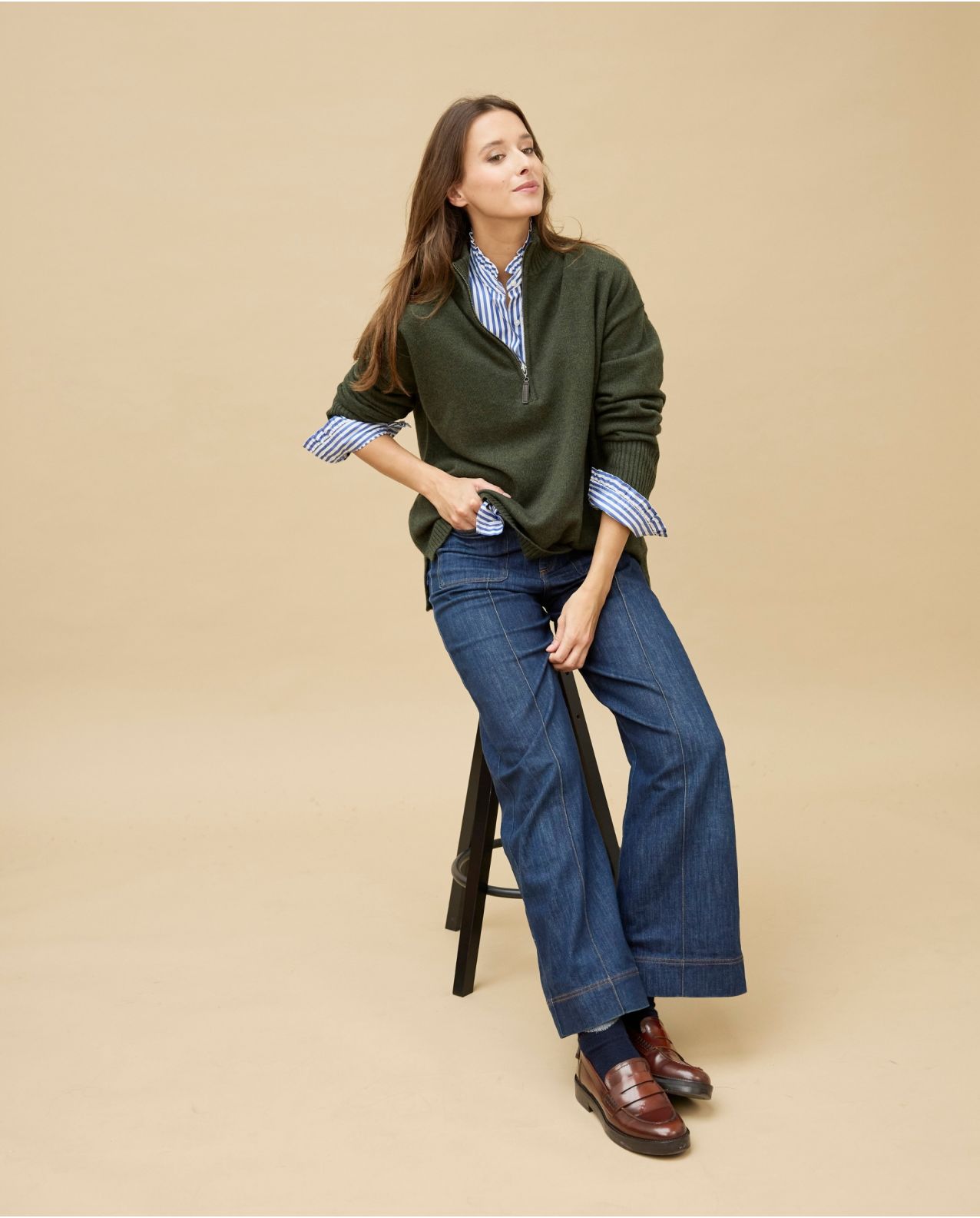 Pull col zippé loose kaki 100% cachemire