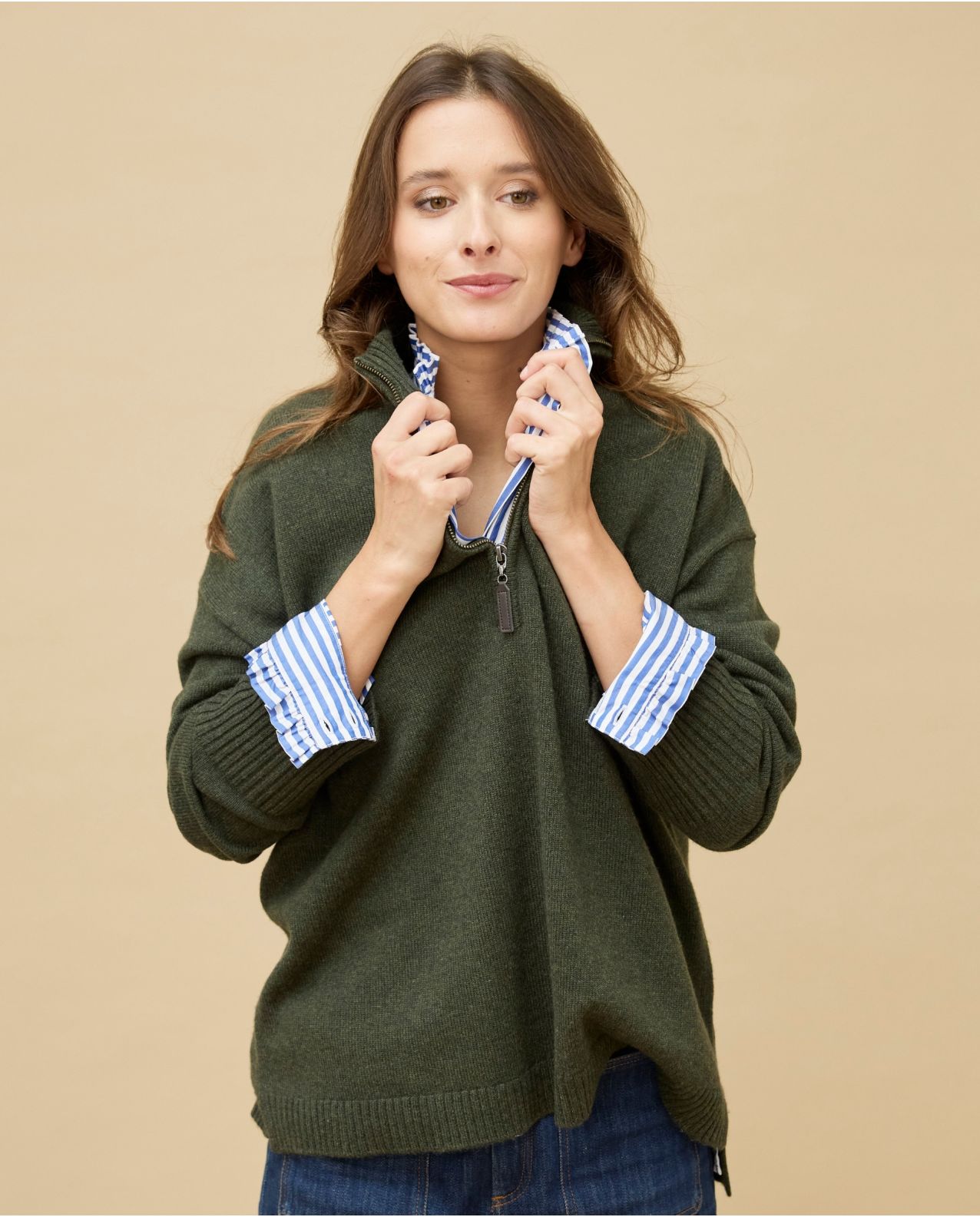 Pull col zippé loose kaki 100% cachemire