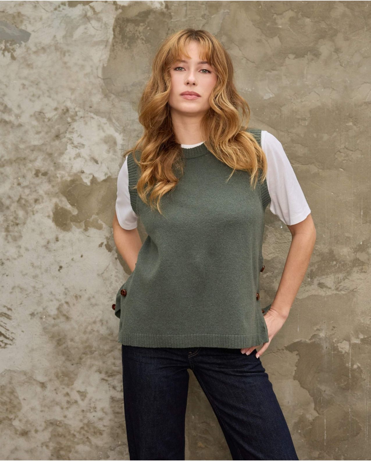 Pull sans manches kaki 100% lambswool 