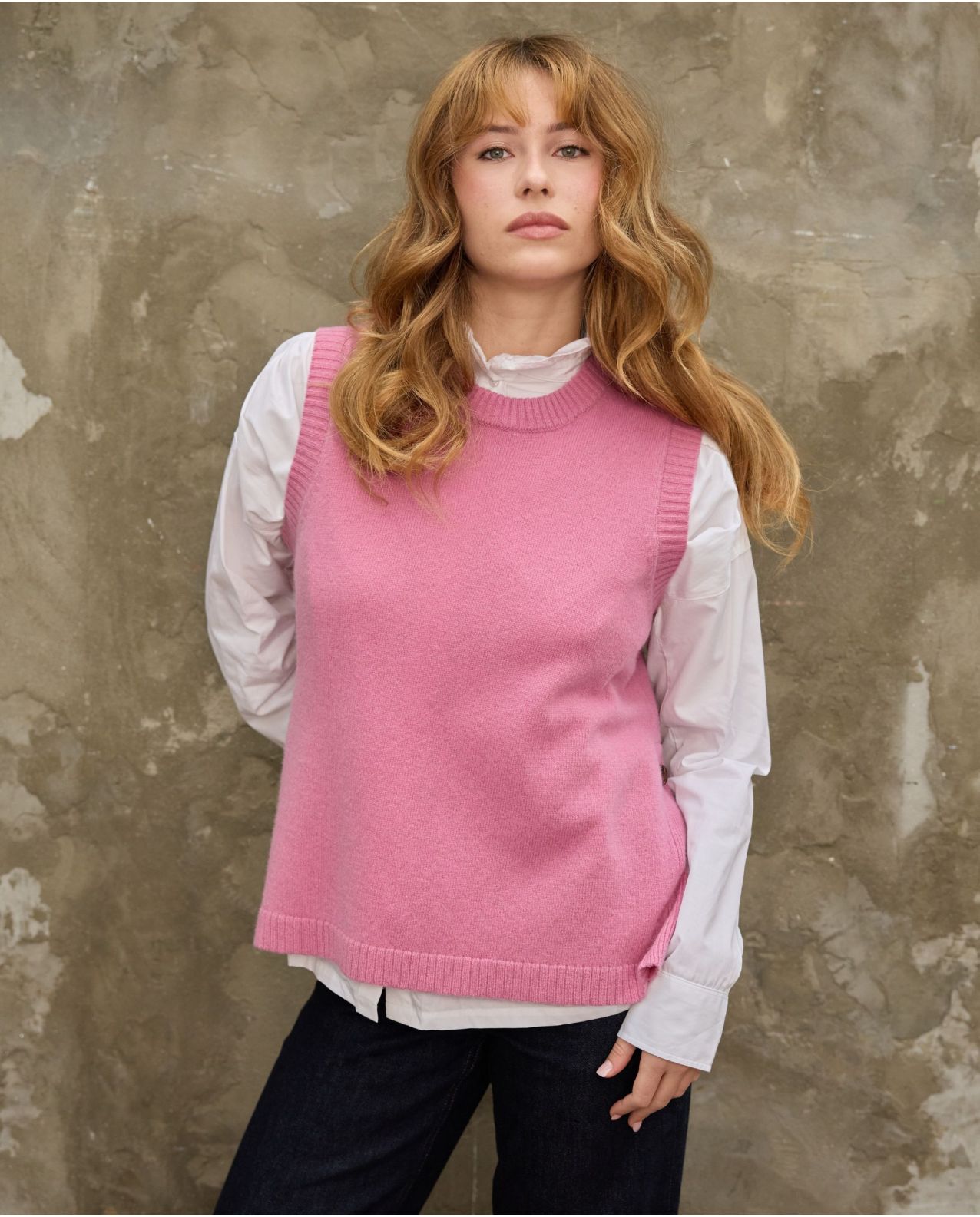 Pull sans manches rose 100% lambswool 