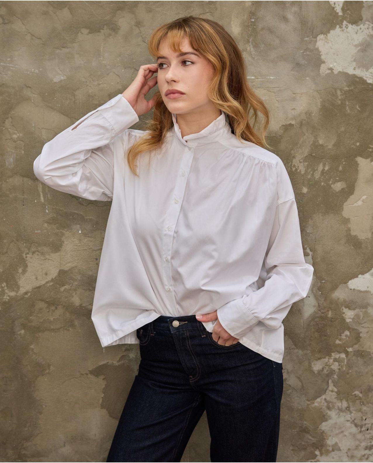 Blouse loose col volanté corolle blanc