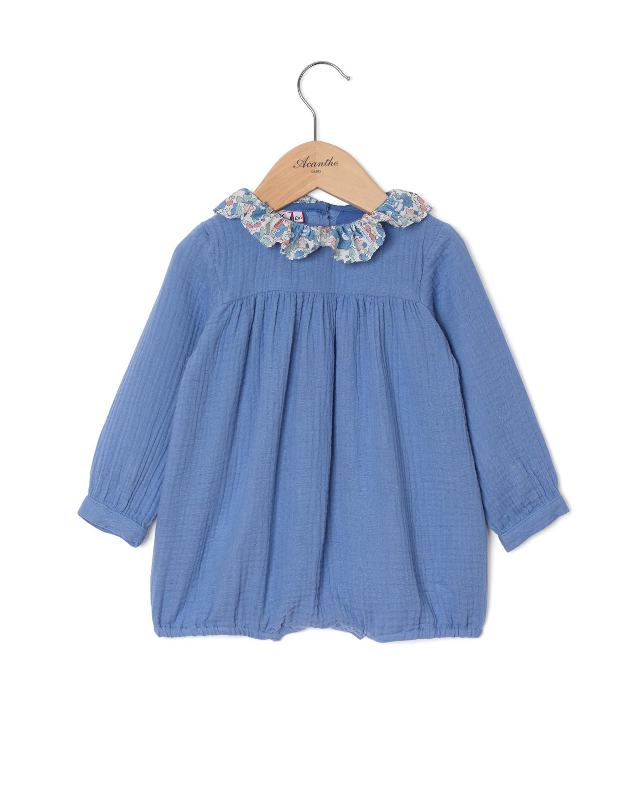 Barboteuse gaze de coton bleu col en tissu Liberty