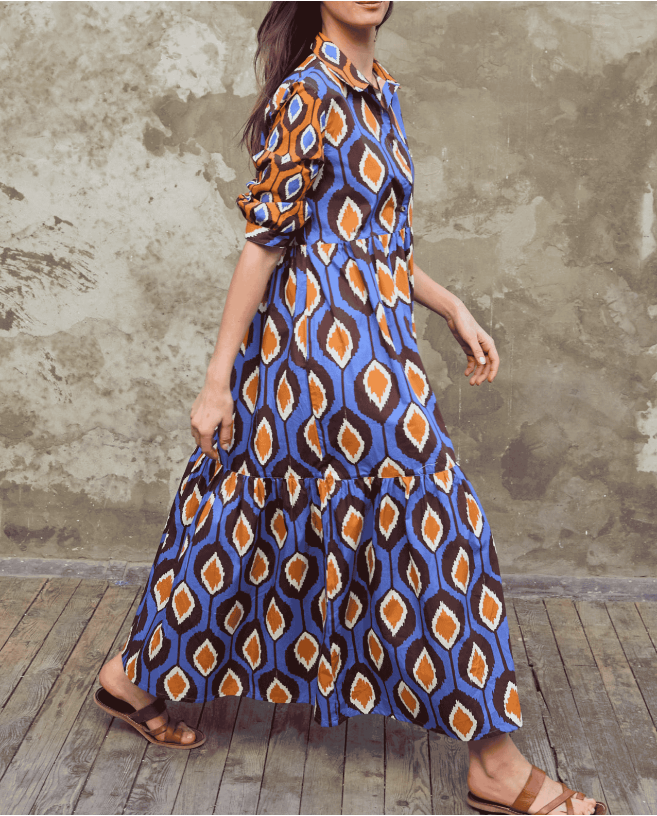 Robe longue volant imprimé orange/bleu