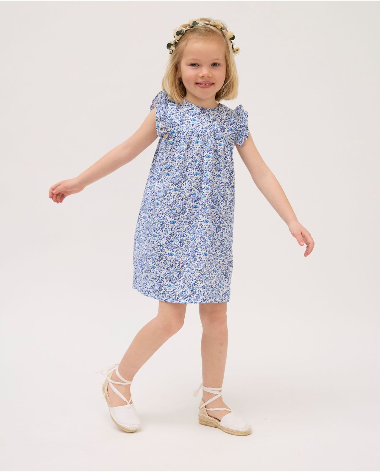 Robe volant épaule imprimé fleur bleue