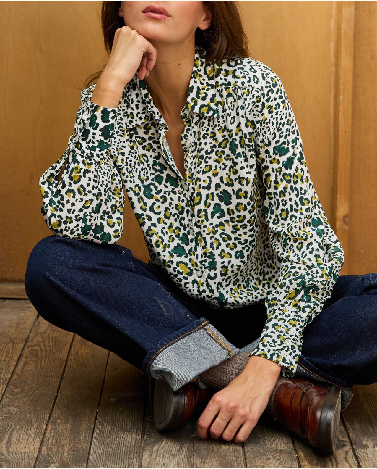 Blouse fluide manches bouffantes imprimé panthère vert 