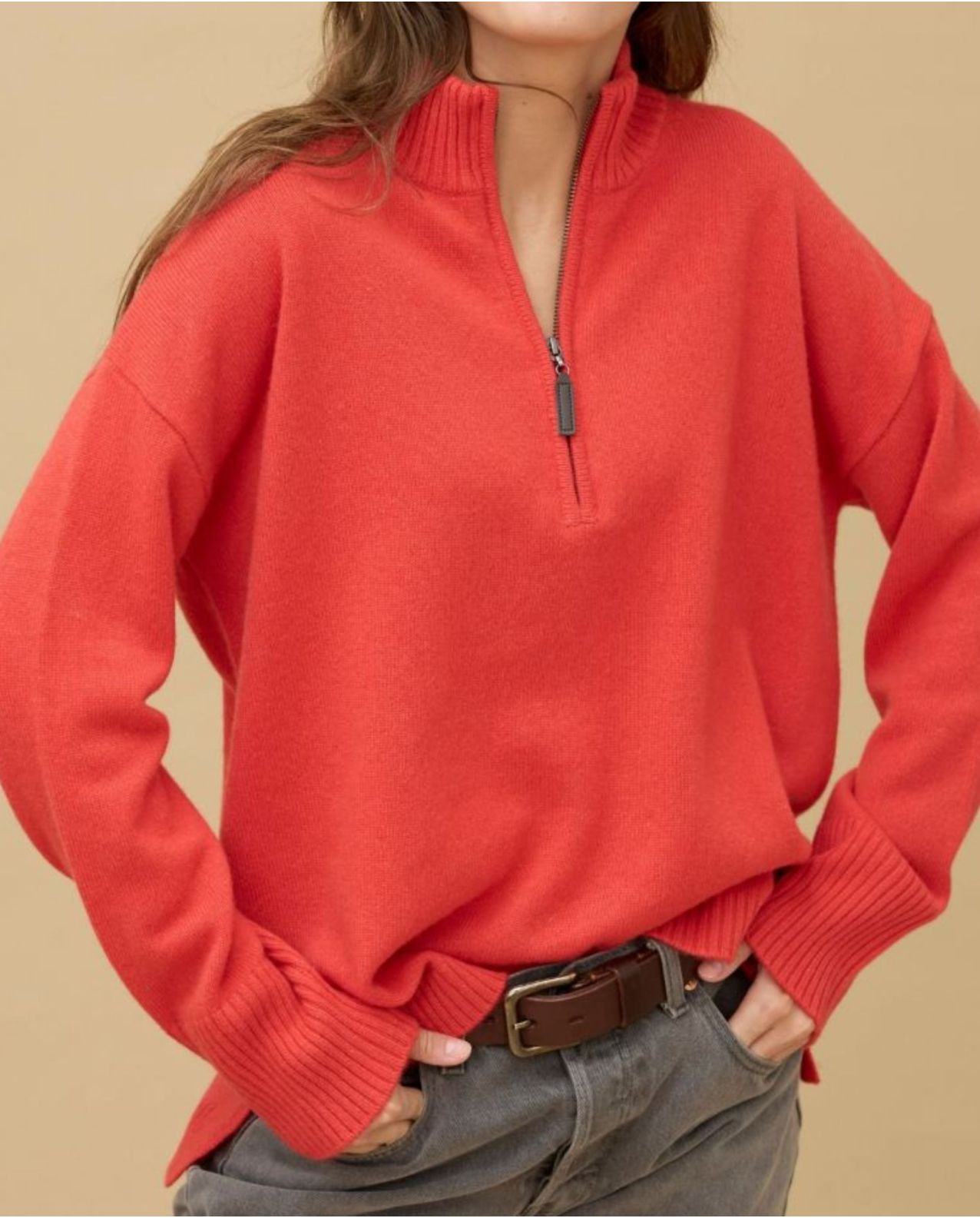 Pull col zippé loose orange 100% cachemire