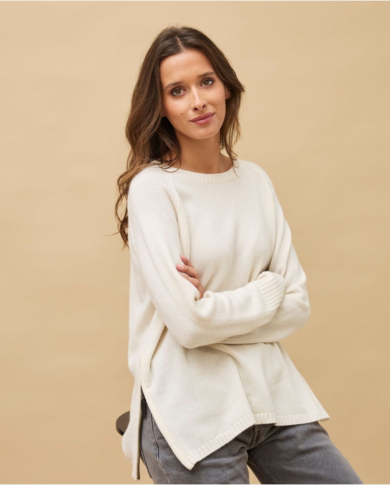 Pull zips côtés écru 100% cachemire