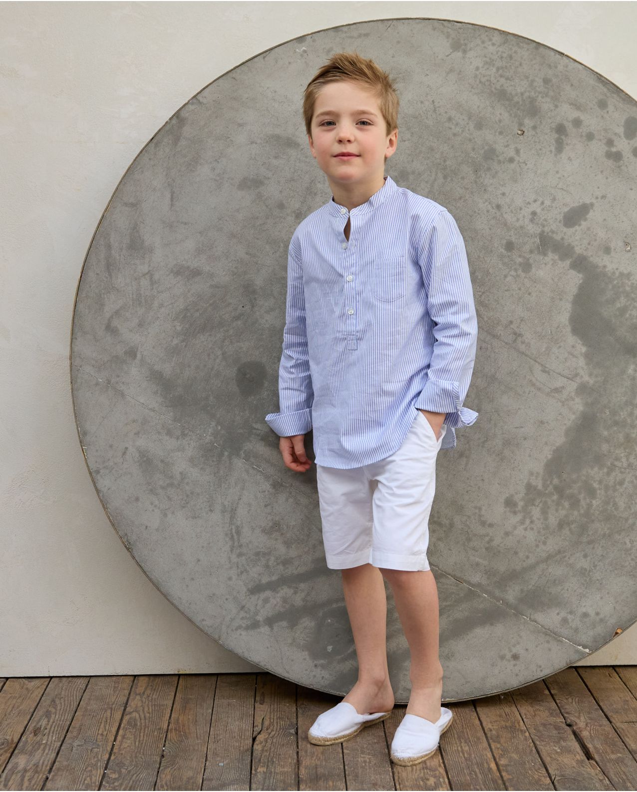 Chemise manches longues col mao oxford rayé ciel