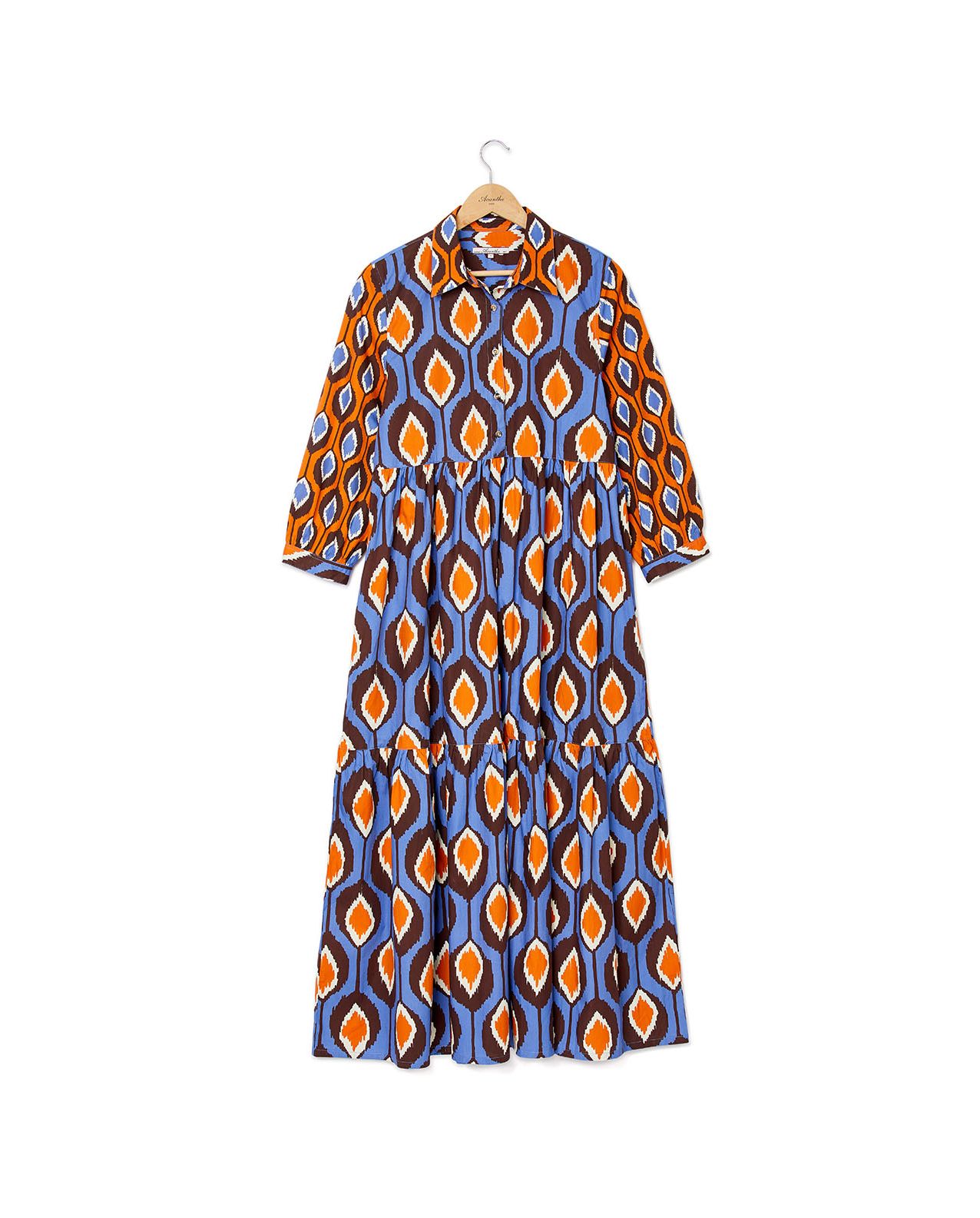 Robe longue volant imprimé orange/bleu