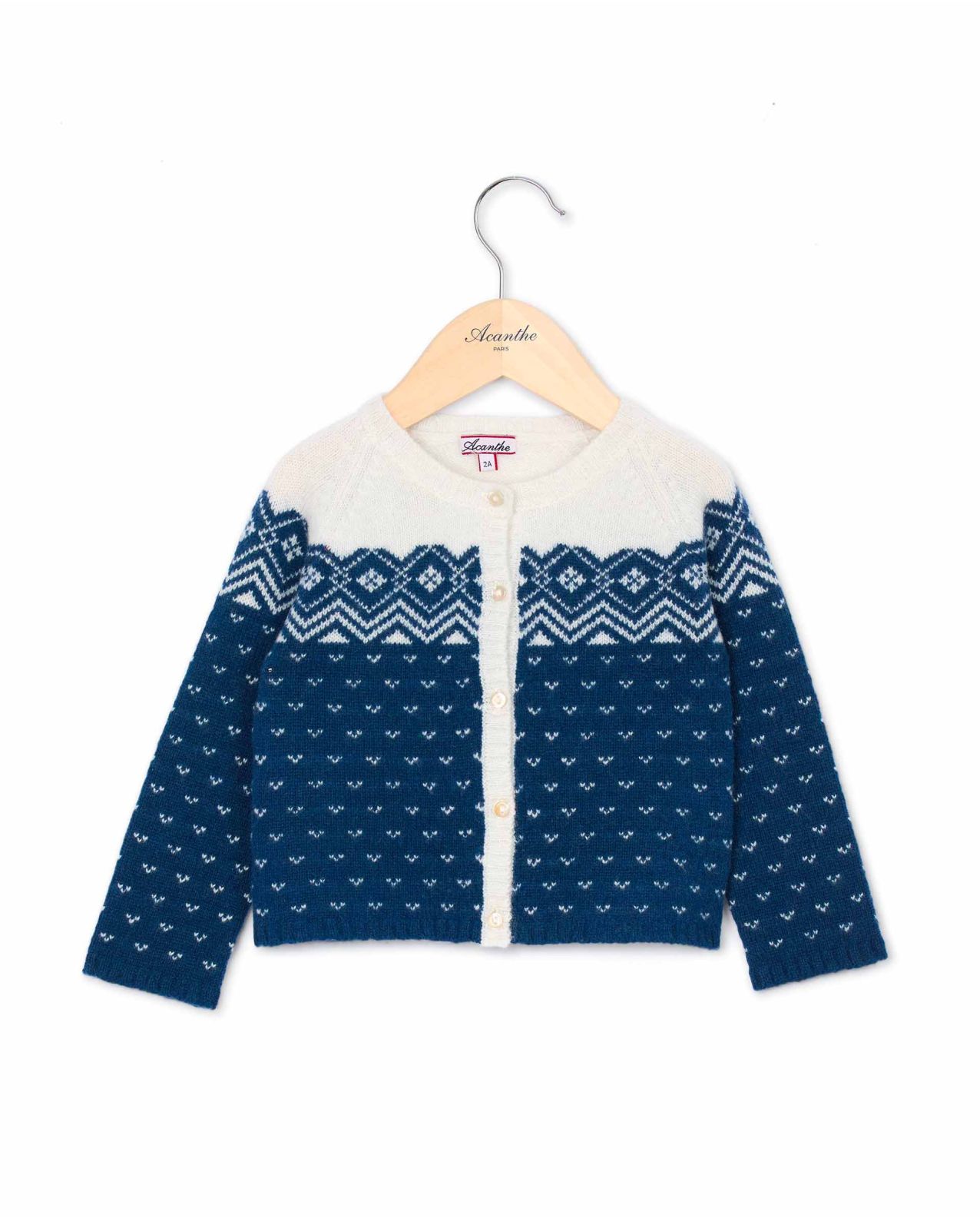 Cardigan col rond jacquard marine clair 100% lambswool